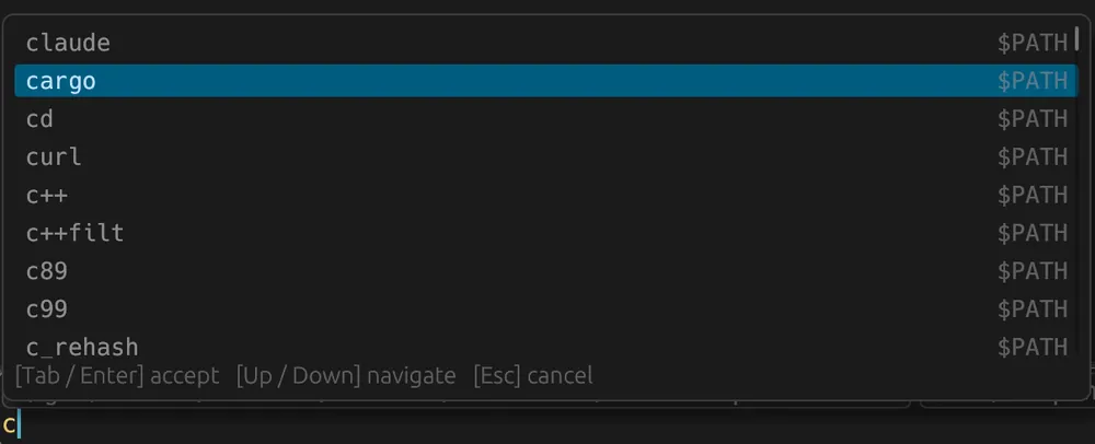 Termica's tab-completion popup completing a command prefix, each candidate tagged with its source — here, executables on $PATH.