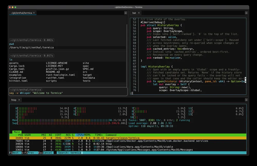 Termica running three panes: a stack of command blocks with cwd, exit-code and duration chips and a syntax-highlighted prompt; bat viewing Rust source; and htop running full-width.