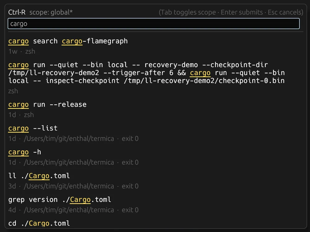 Termica's Ctrl+R history overlay: a query box over past commands with the matched substrings highlighted, plus relative timestamps, working directory and exit status.